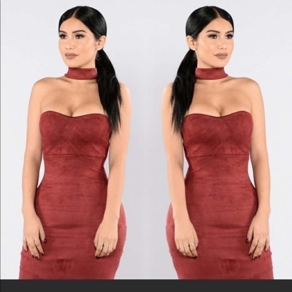 Brown rust Strapless Choker Midi dress